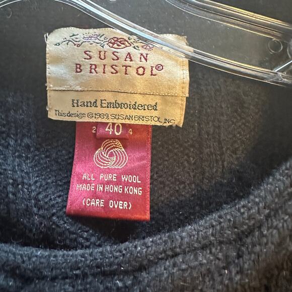 Susan Bristol Vintage Hand Embroidered Wool Sweater Womens Sz 40 (Medium) Black - Picture 5 of 7